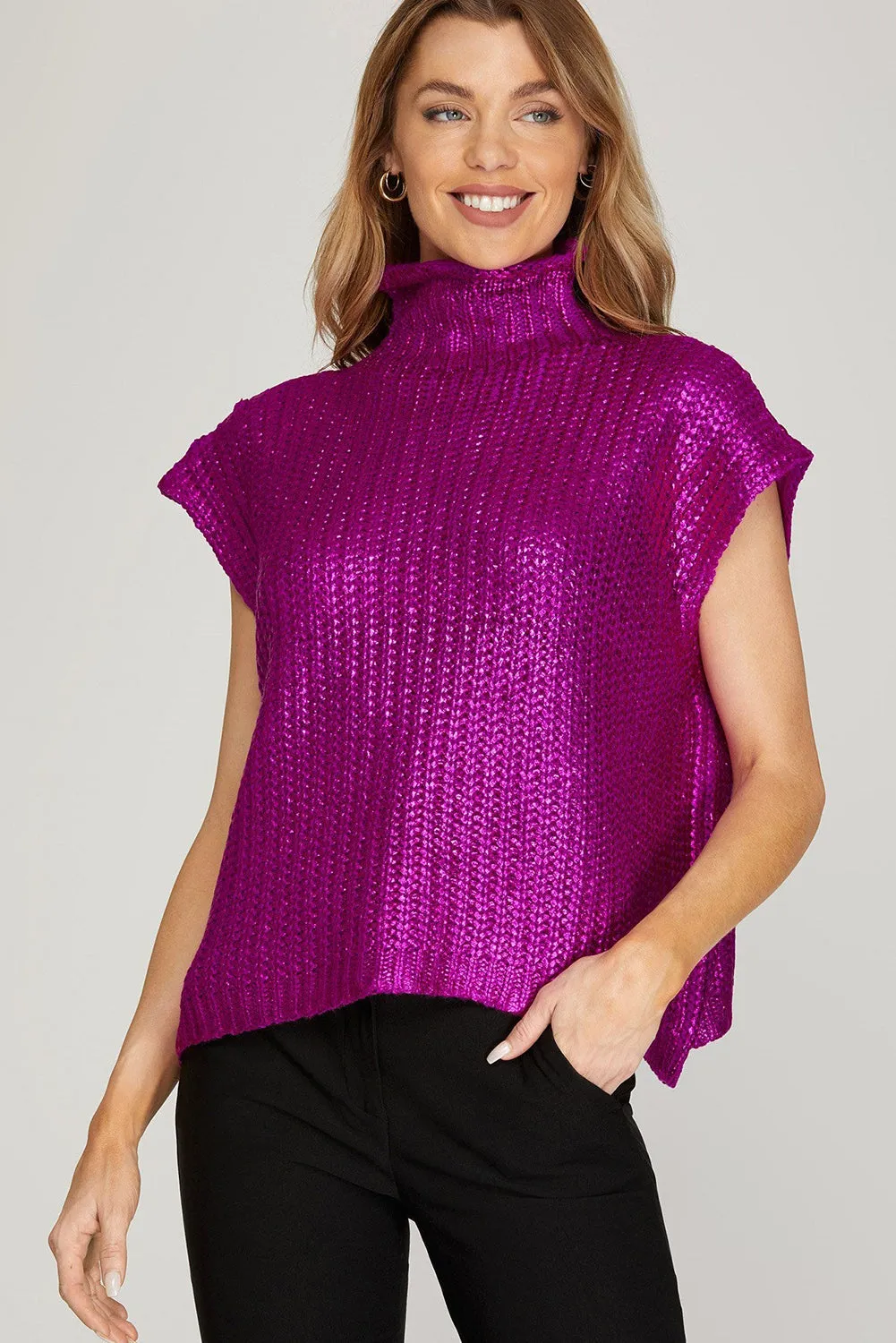 Violet Solid High Neck Luster Knit Sweater Vest