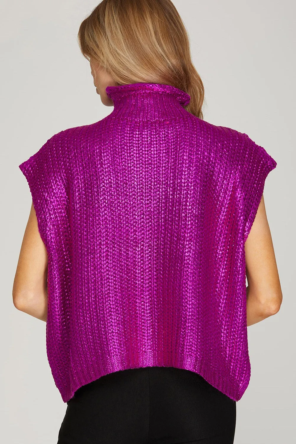 Violet Solid High Neck Luster Knit Sweater Vest