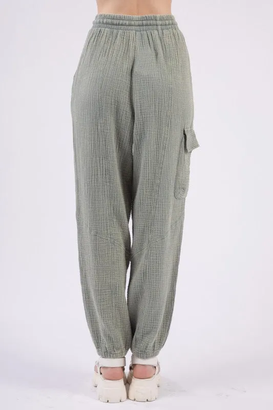 Washed Woven Crinkle Gauze Cargo Pants