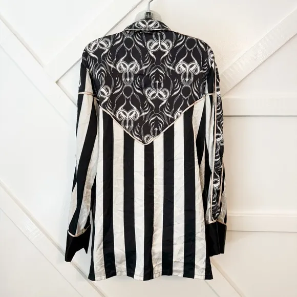 We Are Hah HAHT Striped Printed Button Down Satin Long Sleeve Pajama Shirt Sz XL
