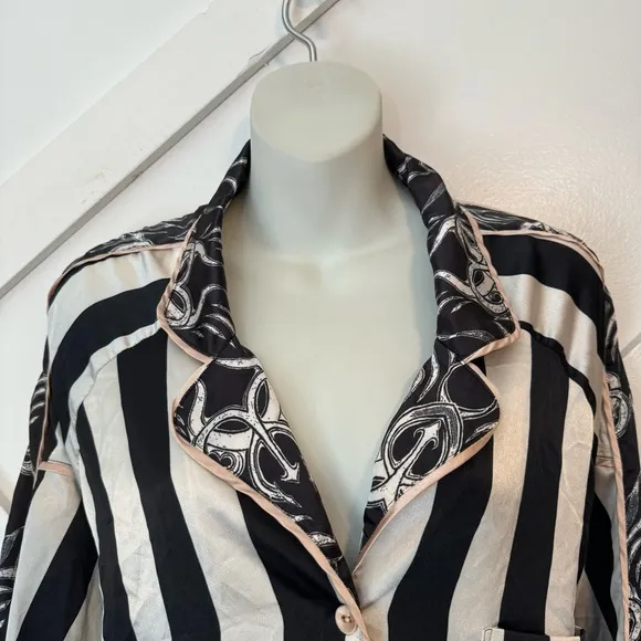 We Are Hah HAHT Striped Printed Button Down Satin Long Sleeve Pajama Shirt Sz XL