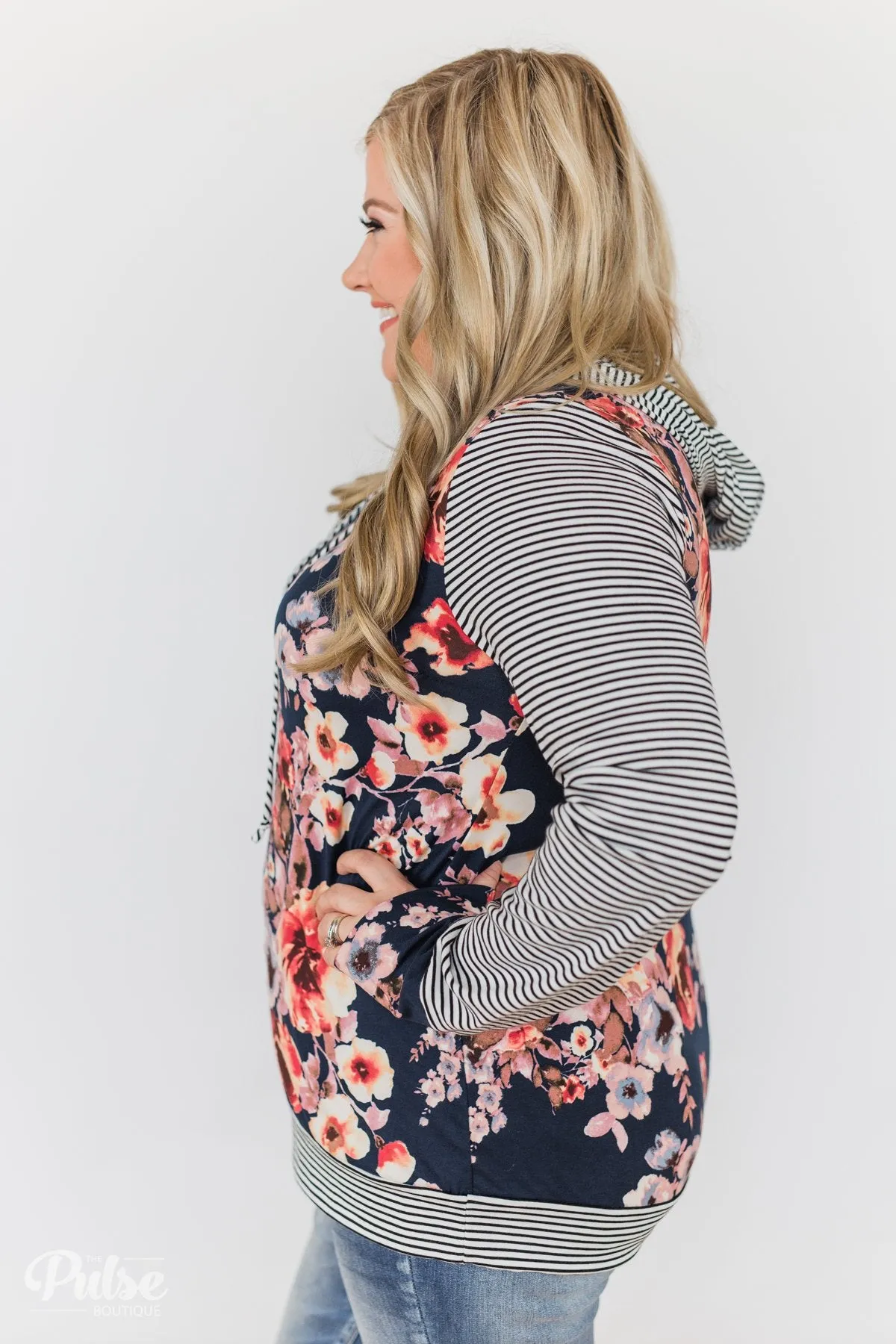 What A Girl Wants Floral & Striped Hoodie- Navy
