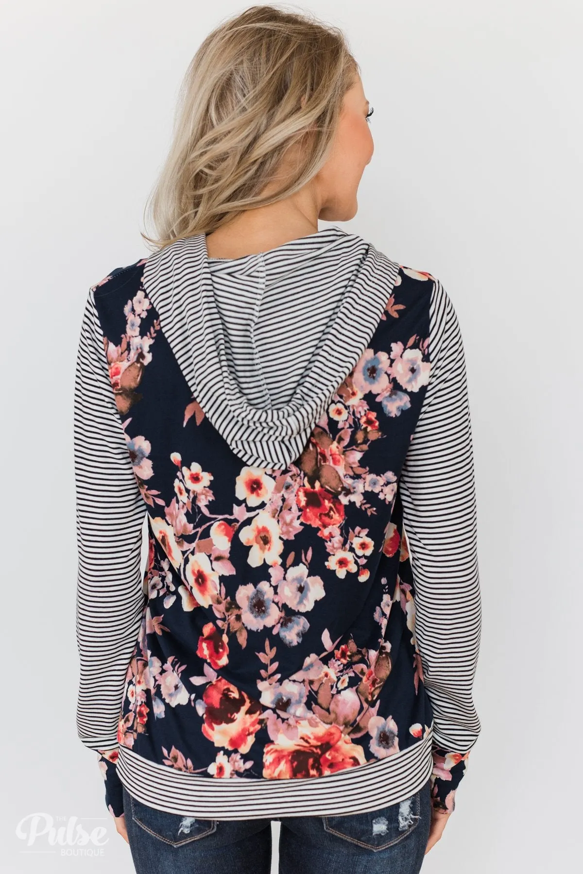 What A Girl Wants Floral & Striped Hoodie- Navy