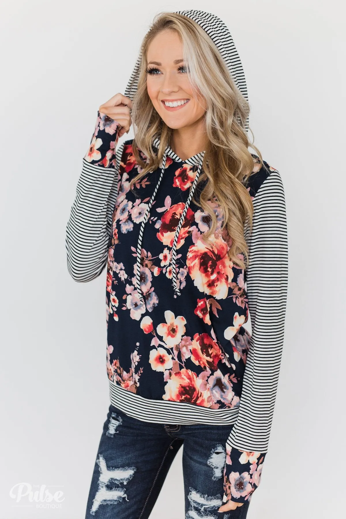 What A Girl Wants Floral & Striped Hoodie- Navy