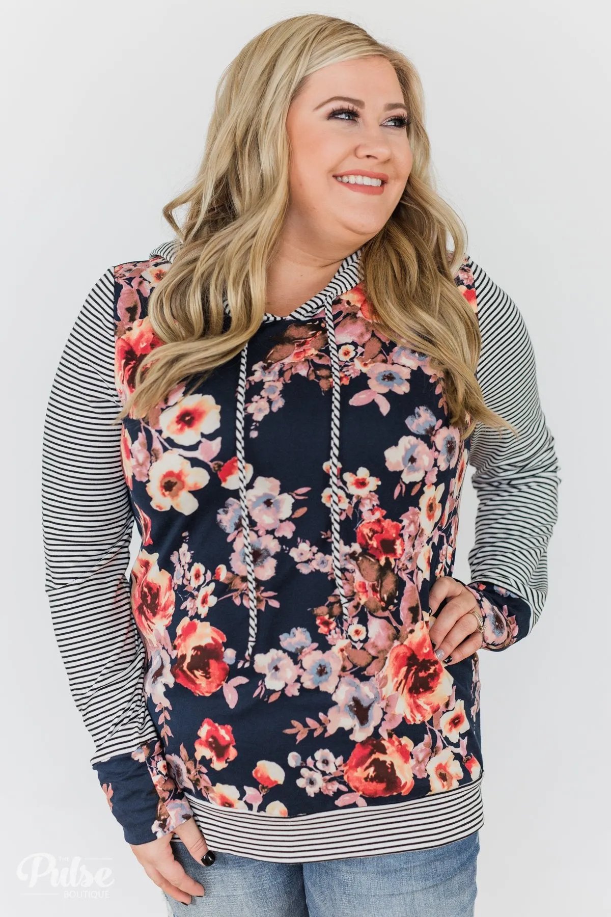 What A Girl Wants Floral & Striped Hoodie- Navy
