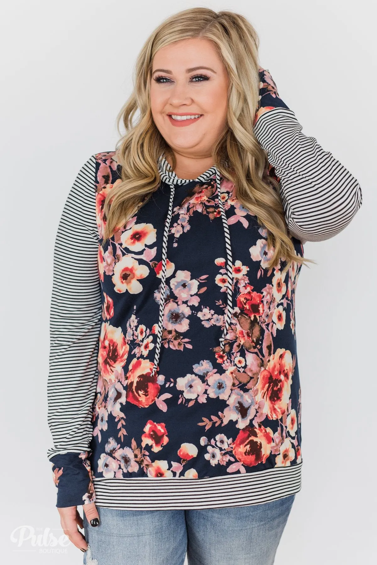What A Girl Wants Floral & Striped Hoodie- Navy