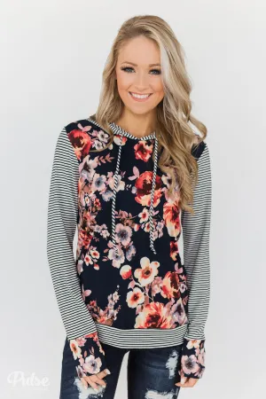What A Girl Wants Floral & Striped Hoodie- Navy