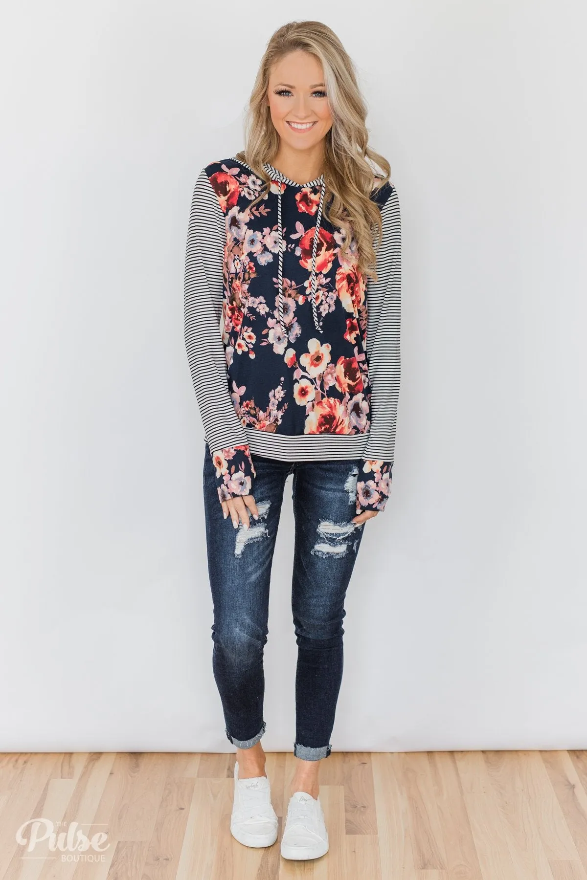 What A Girl Wants Floral & Striped Hoodie- Navy