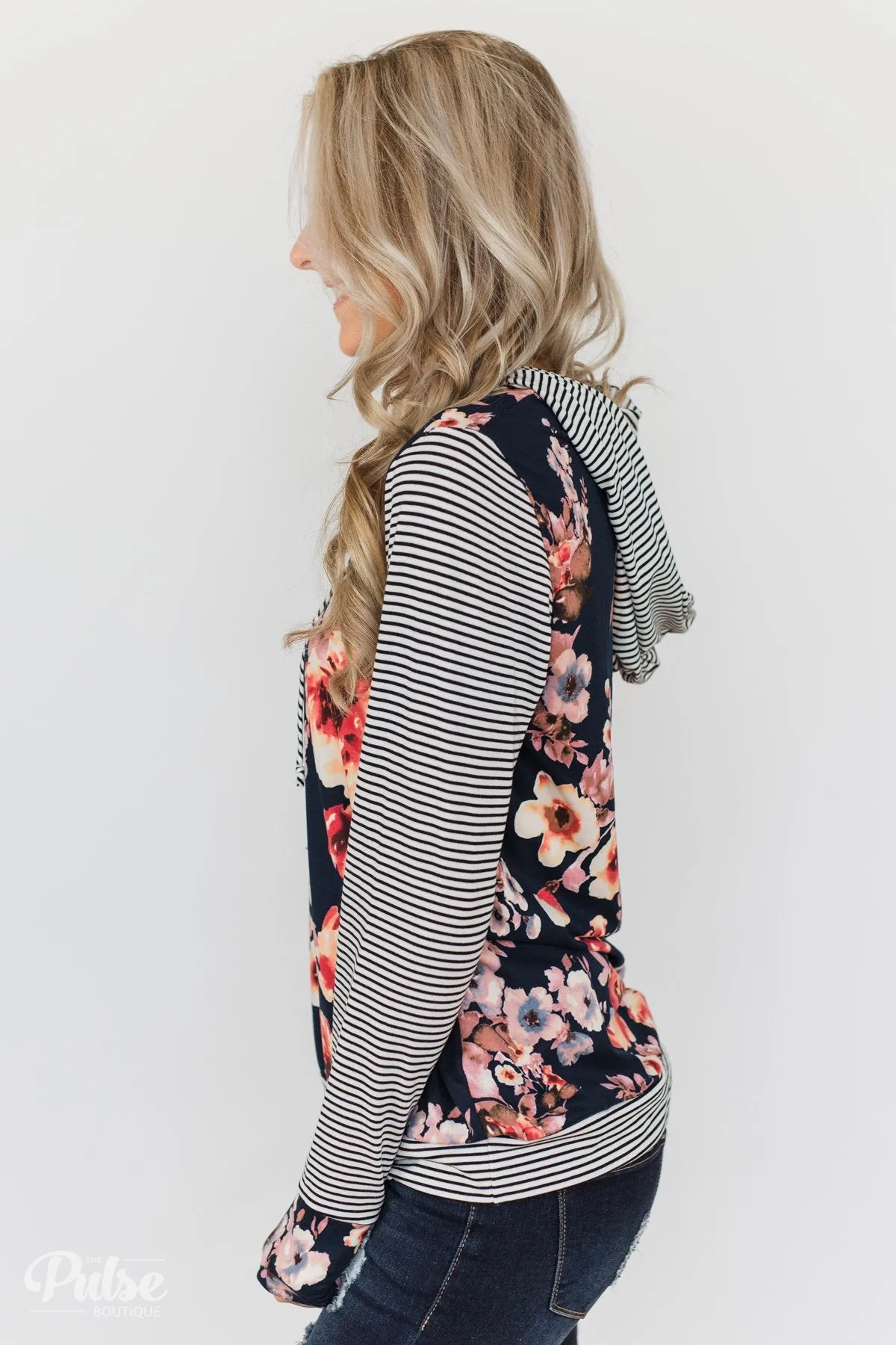 What A Girl Wants Floral & Striped Hoodie- Navy