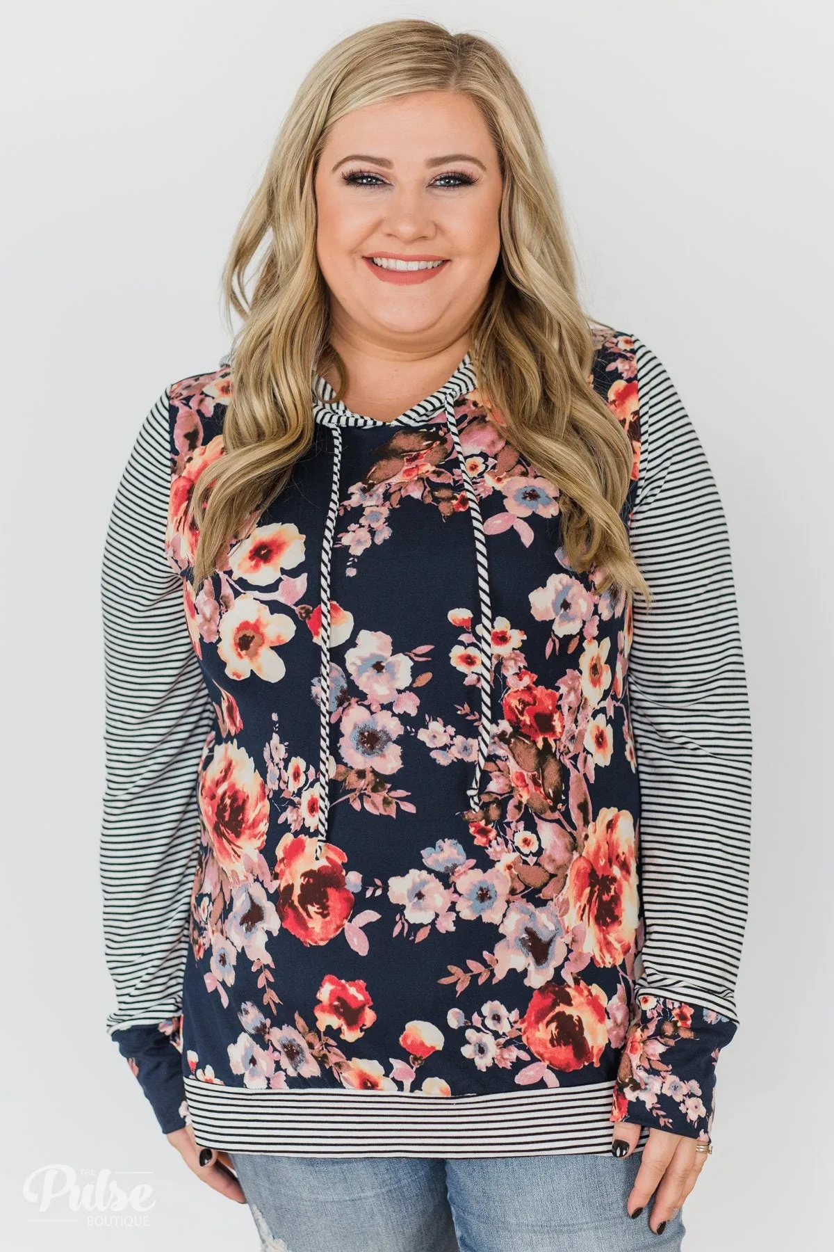 What A Girl Wants Floral & Striped Hoodie- Navy