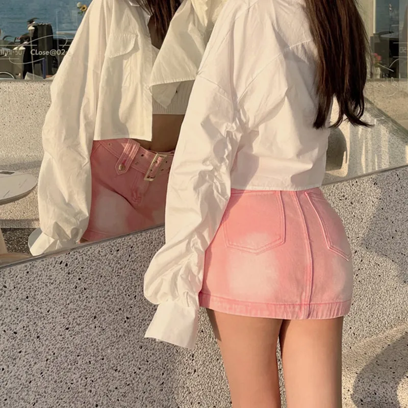Wide Belt Pink Denim Skirt SD01816