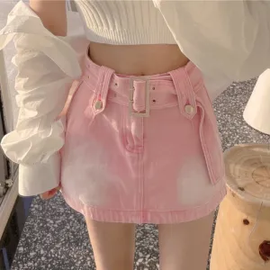 Wide Belt Pink Denim Skirt SD01816