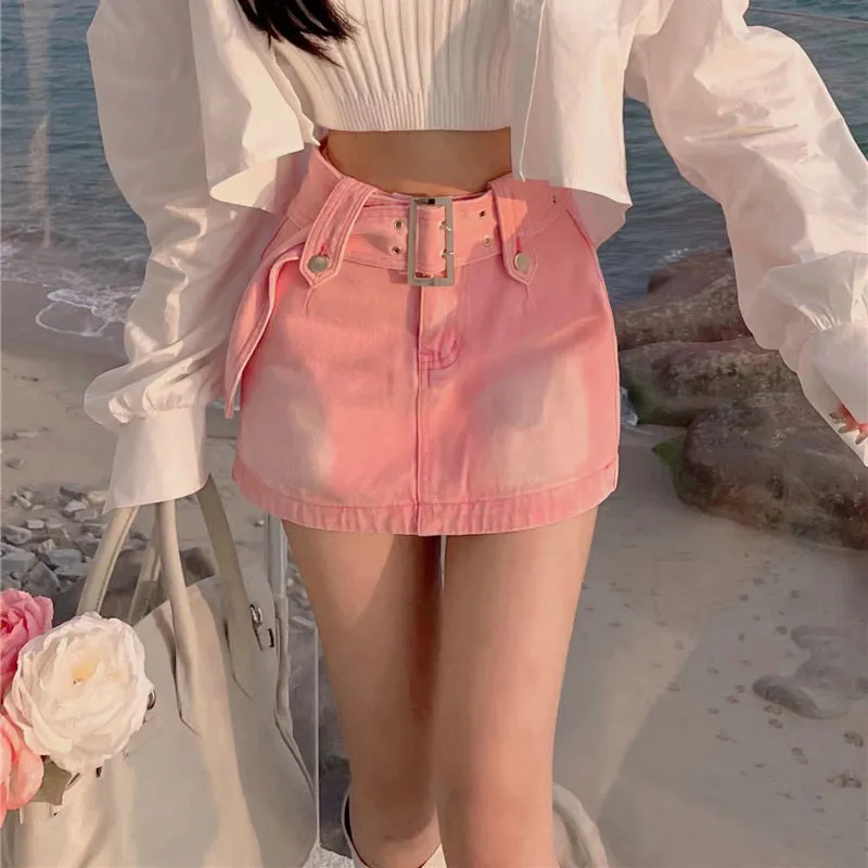 Wide Belt Pink Denim Skirt SD01816