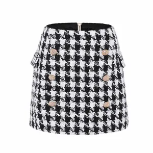 Women Black Houndstooth Check Shorts Gold-tone Mini Tweed Shorts