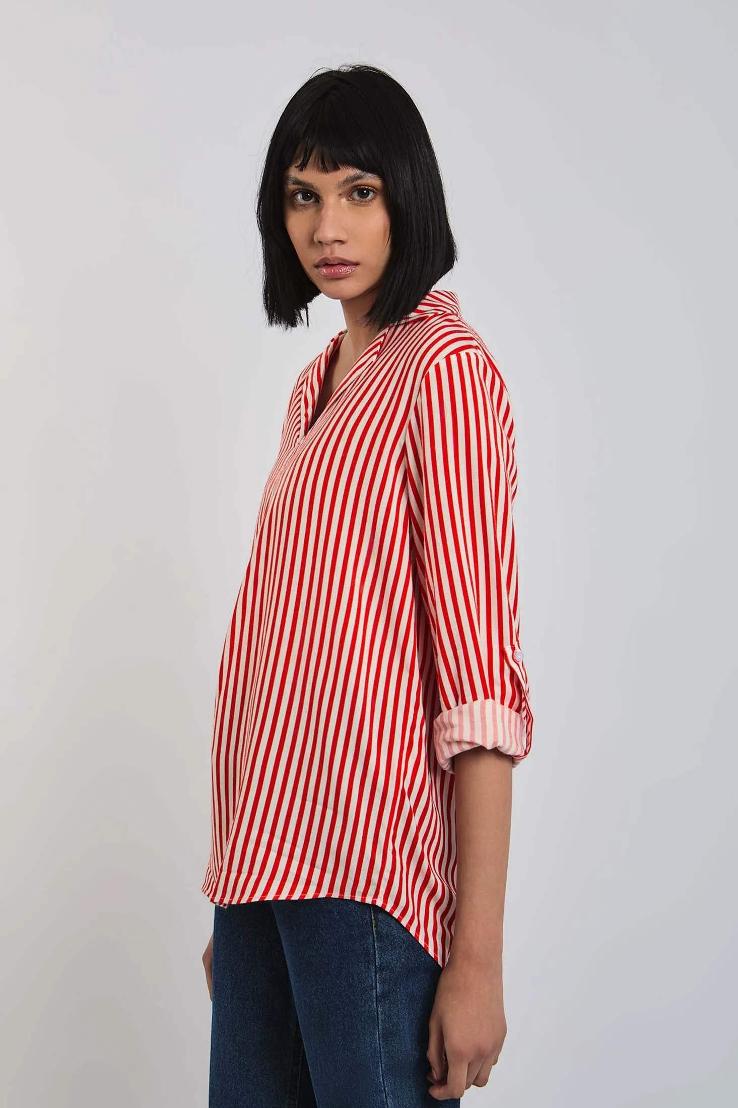 Women Blouse Long Sleeve Striped Viscose Shirt Red