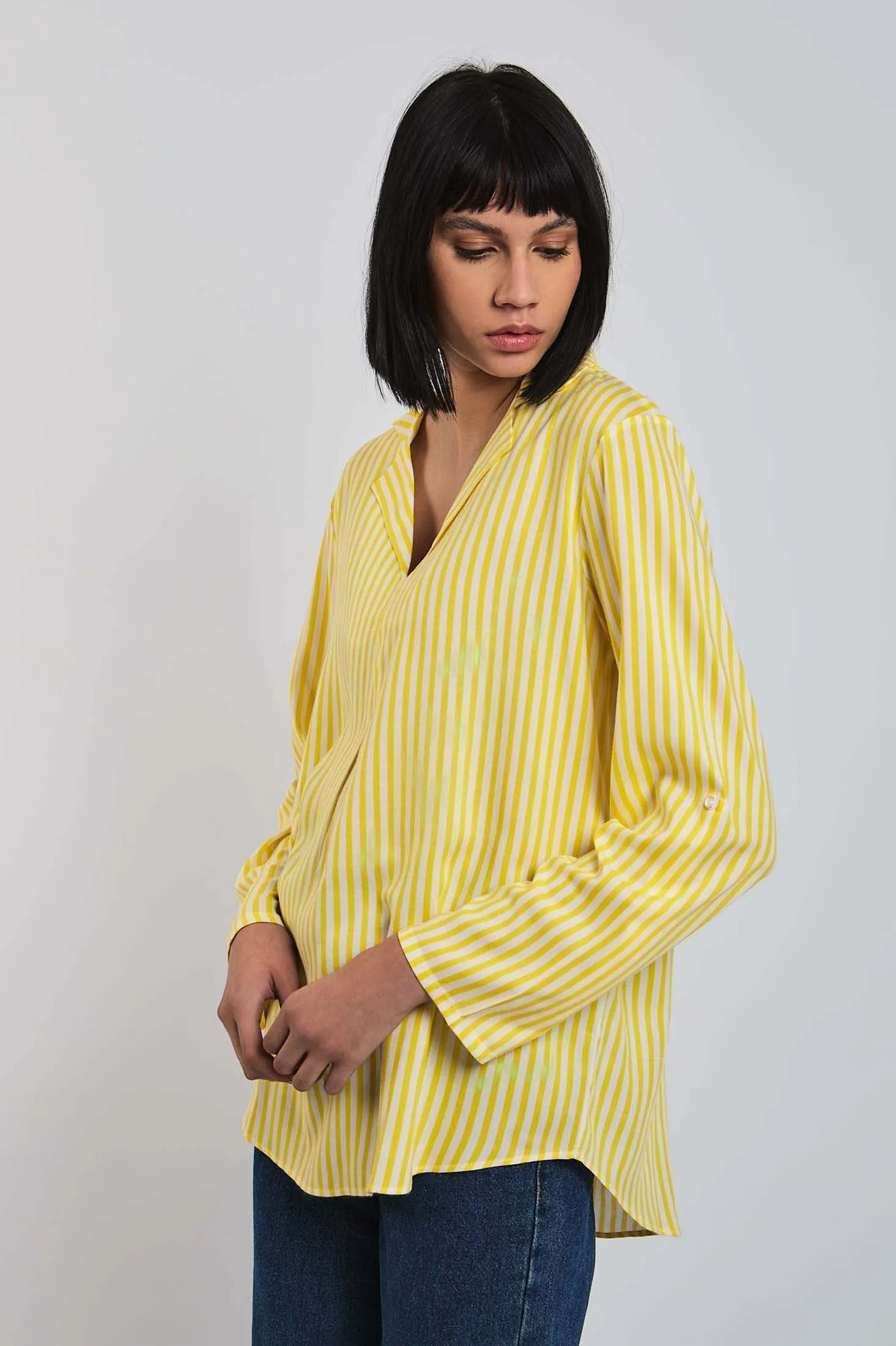 Women Blouse  Long Sleeve Striped Viscose Yellow