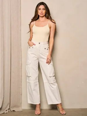 WOMEN'S BUTTON CLOSURE HIGH WAIST WIDE LEG CARGO PANTS