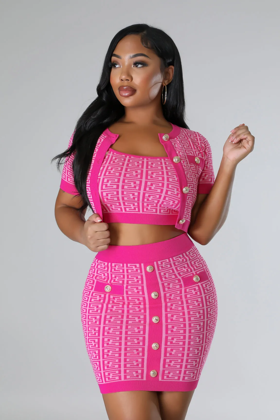 Women's Crop Top Knit High waisted Fuchsia Pink Three piece Skirt Set