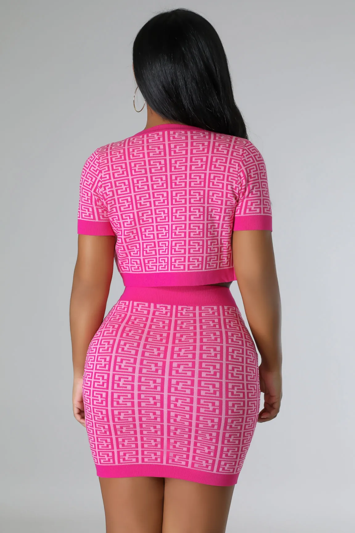 Women's Crop Top Knit High waisted Fuchsia Pink Three piece Skirt Set