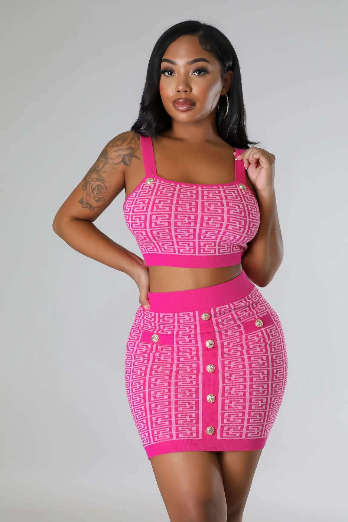 Women's Crop Top Knit High waisted Fuchsia Pink Three piece Skirt Set