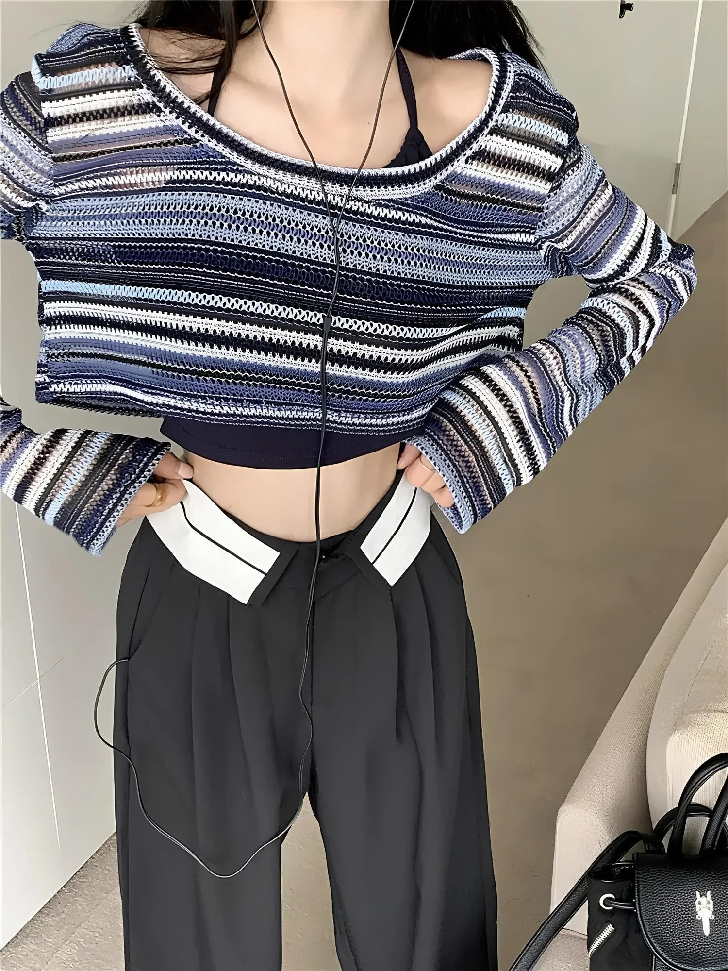 Women's Hollow-Out Striped T-Shirt – Trendy Korean Style for Everyday Wear