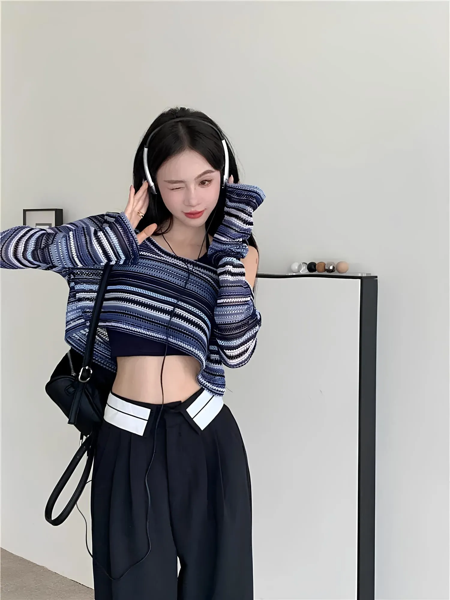 Women's Hollow-Out Striped T-Shirt – Trendy Korean Style for Everyday Wear