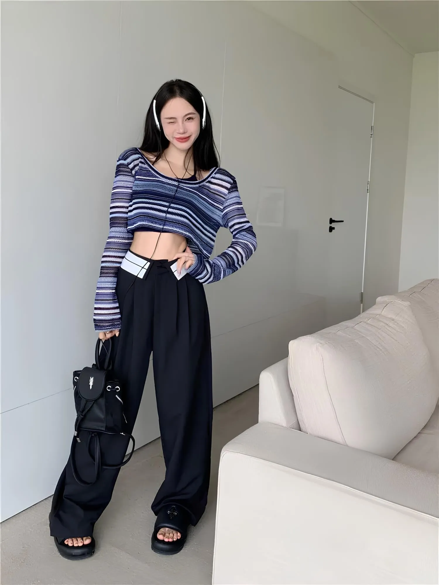Women's Hollow-Out Striped T-Shirt – Trendy Korean Style for Everyday Wear