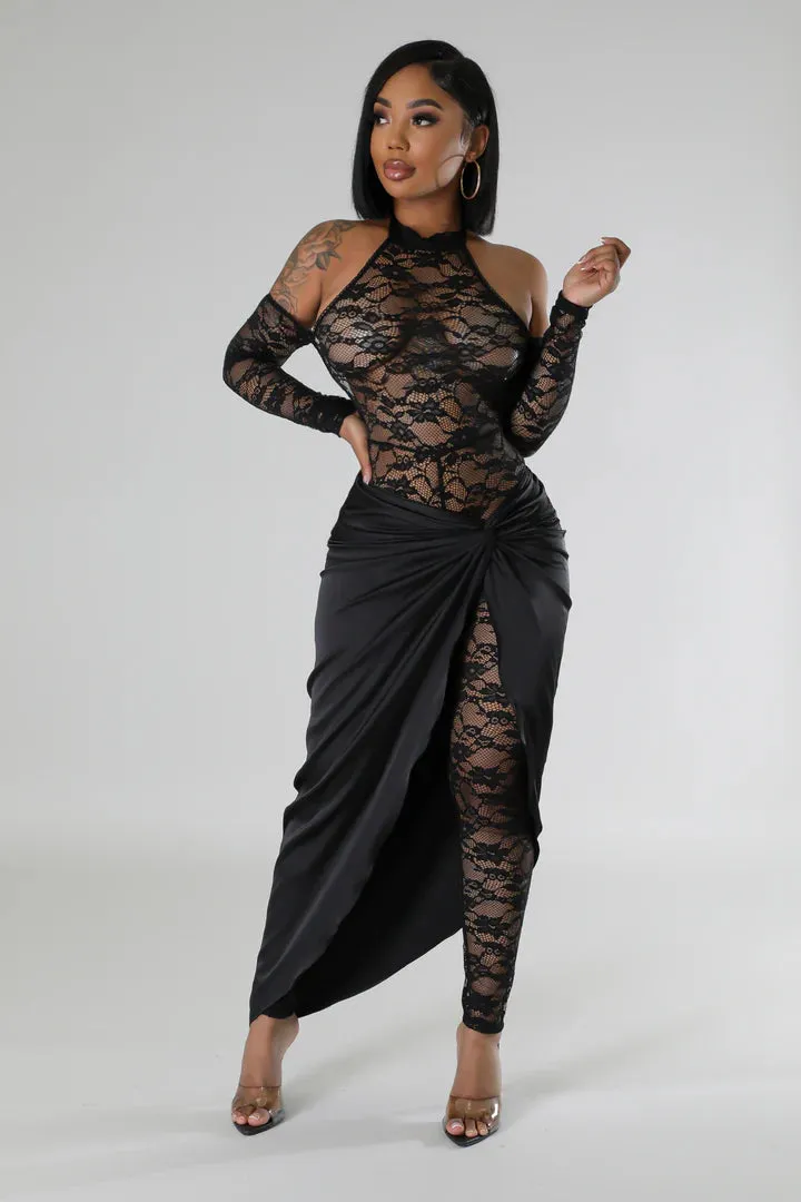 Women's Lace Mock Neck Long Sleeve Jumpsuit Skirt Set