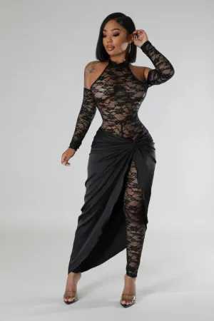 Women's Lace Mock Neck Long Sleeve Jumpsuit Skirt Set
