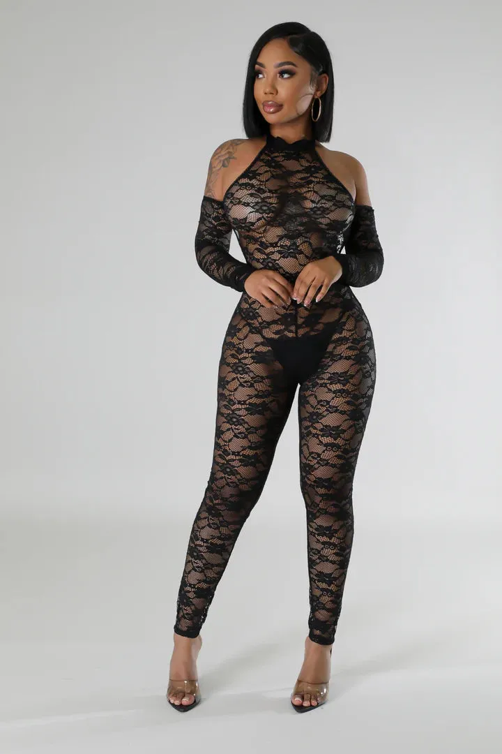 Women's Lace Mock Neck Long Sleeve Jumpsuit Skirt Set