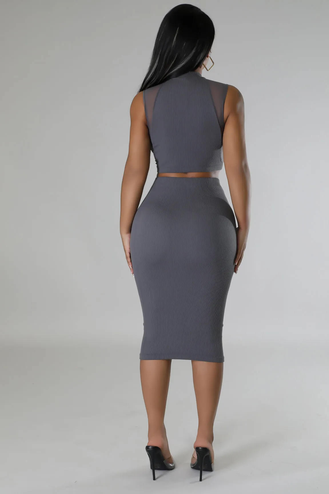 Women's Mock Neck Mesh Sides High-Waisted Grey Skirt Set