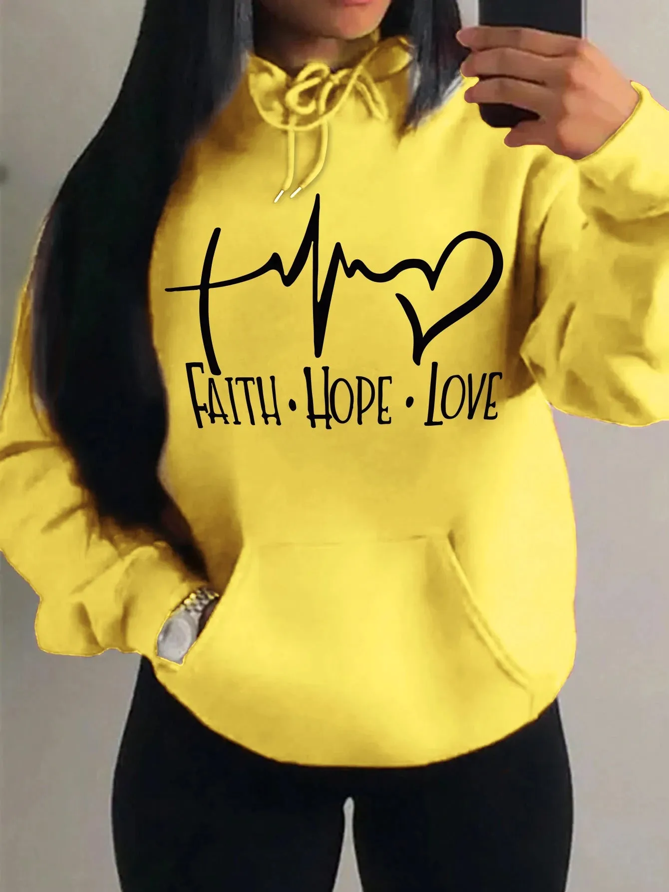 Women's "Faith Hope Love" Graphic Hoodie Casual Loose Streetwear Sweatshirt Autumn Fleece Hooded Hip Hop O-Neck Clothing Tops