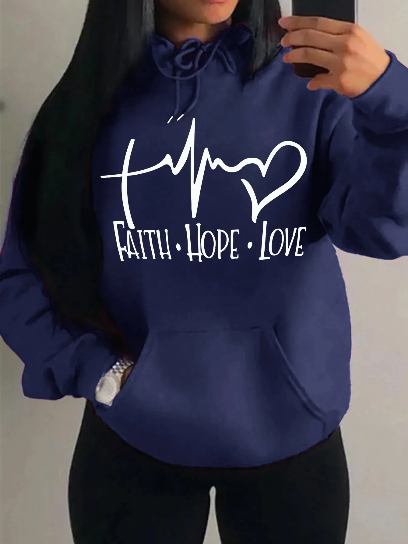 Women's "Faith Hope Love" Graphic Hoodie Casual Loose Streetwear Sweatshirt Autumn Fleece Hooded Hip Hop O-Neck Clothing Tops