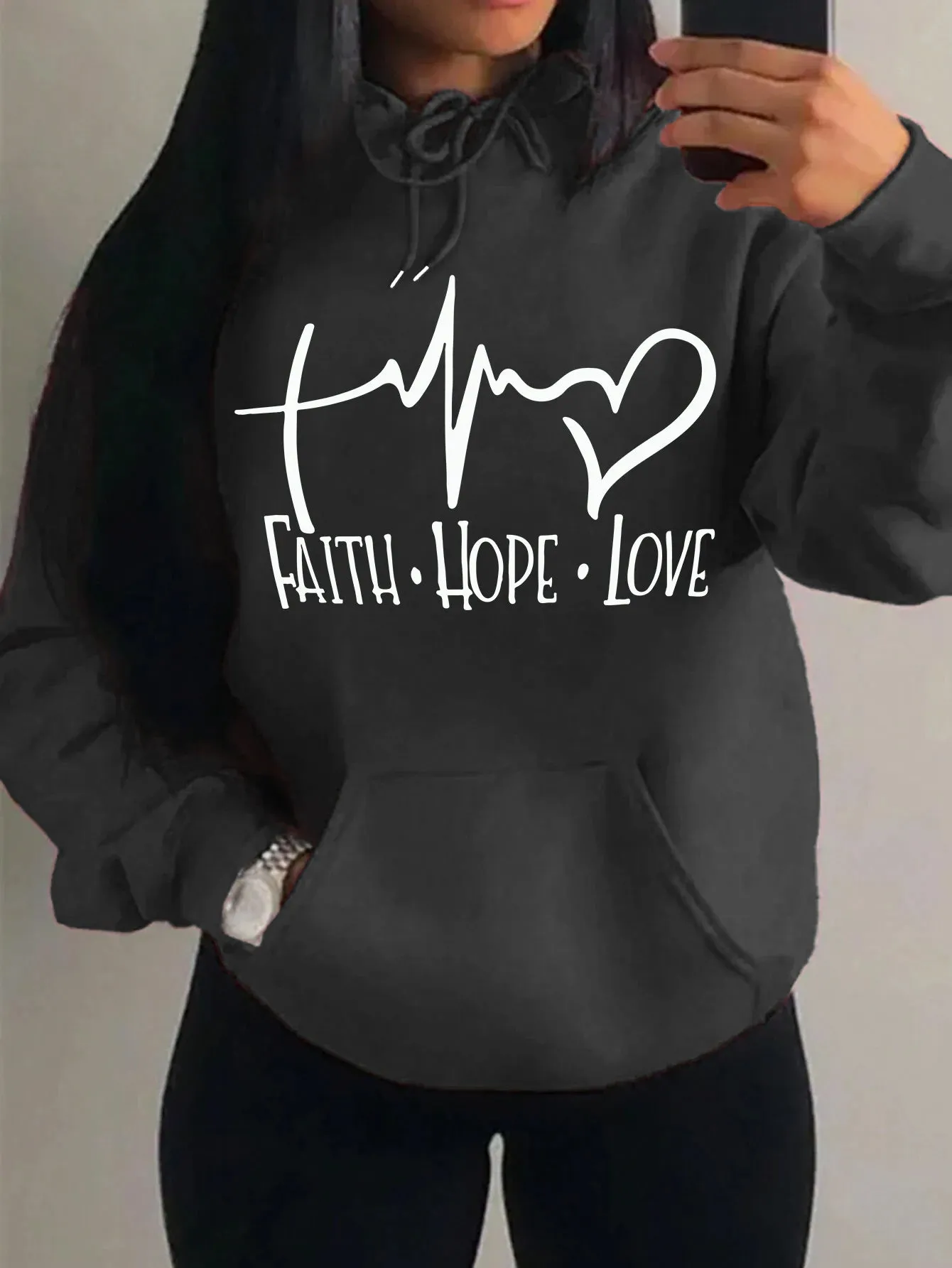 Women's "Faith Hope Love" Graphic Hoodie Casual Loose Streetwear Sweatshirt Autumn Fleece Hooded Hip Hop O-Neck Clothing Tops