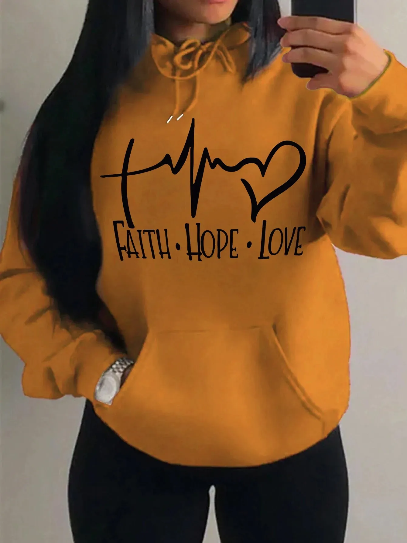 Women's "Faith Hope Love" Graphic Hoodie Casual Loose Streetwear Sweatshirt Autumn Fleece Hooded Hip Hop O-Neck Clothing Tops