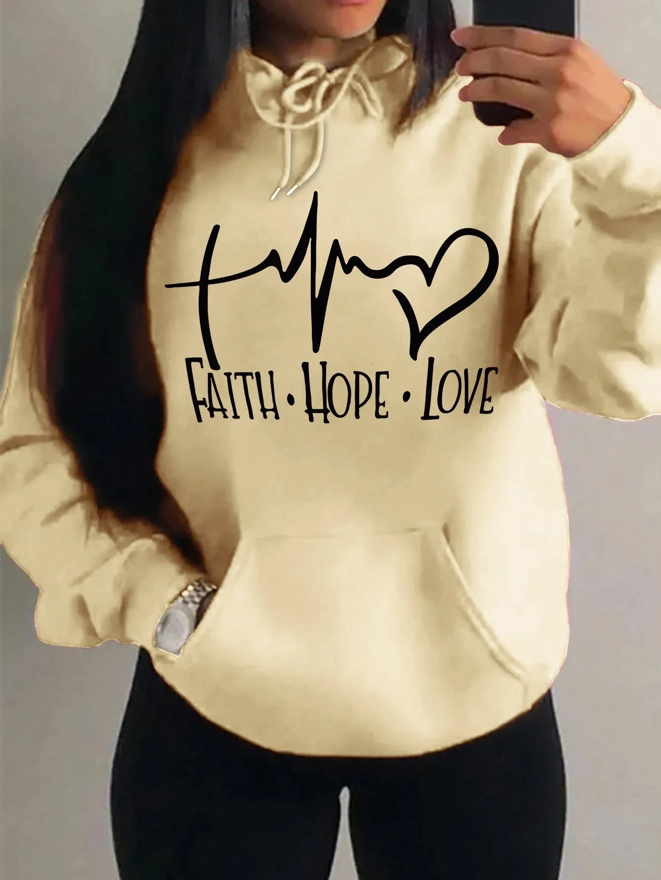 Women's "Faith Hope Love" Graphic Hoodie Casual Loose Streetwear Sweatshirt Autumn Fleece Hooded Hip Hop O-Neck Clothing Tops
