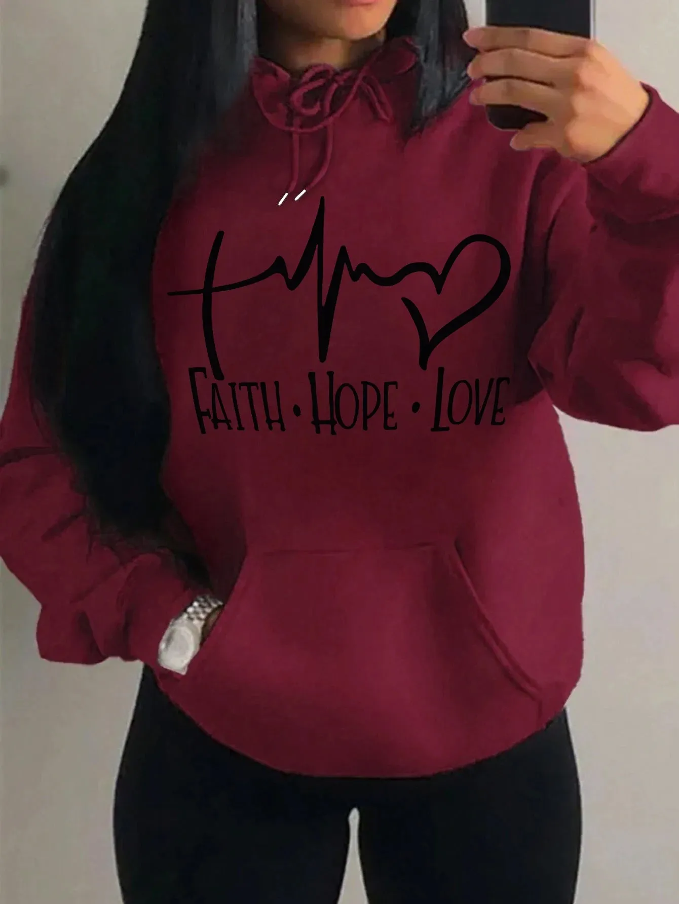 Women's "Faith Hope Love" Graphic Hoodie Casual Loose Streetwear Sweatshirt Autumn Fleece Hooded Hip Hop O-Neck Clothing Tops