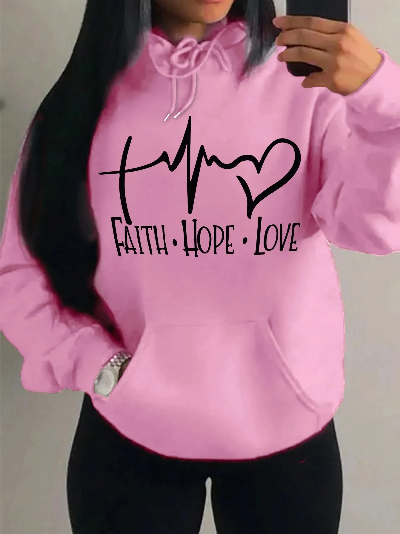 Women's "Faith Hope Love" Graphic Hoodie Casual Loose Streetwear Sweatshirt Autumn Fleece Hooded Hip Hop O-Neck Clothing Tops