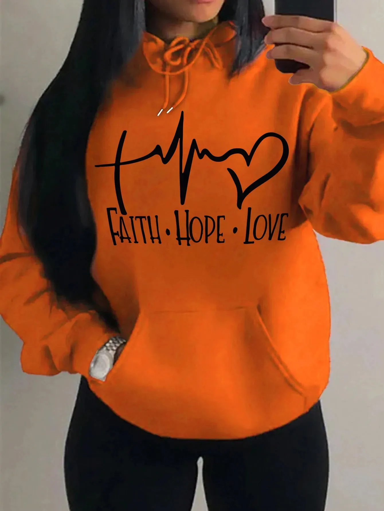Women's "Faith Hope Love" Graphic Hoodie Casual Loose Streetwear Sweatshirt Autumn Fleece Hooded Hip Hop O-Neck Clothing Tops