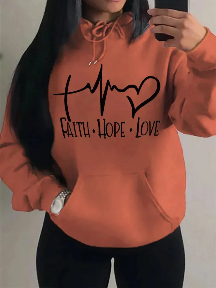 Women's "Faith Hope Love" Graphic Hoodie Casual Loose Streetwear Sweatshirt Autumn Fleece Hooded Hip Hop O-Neck Clothing Tops