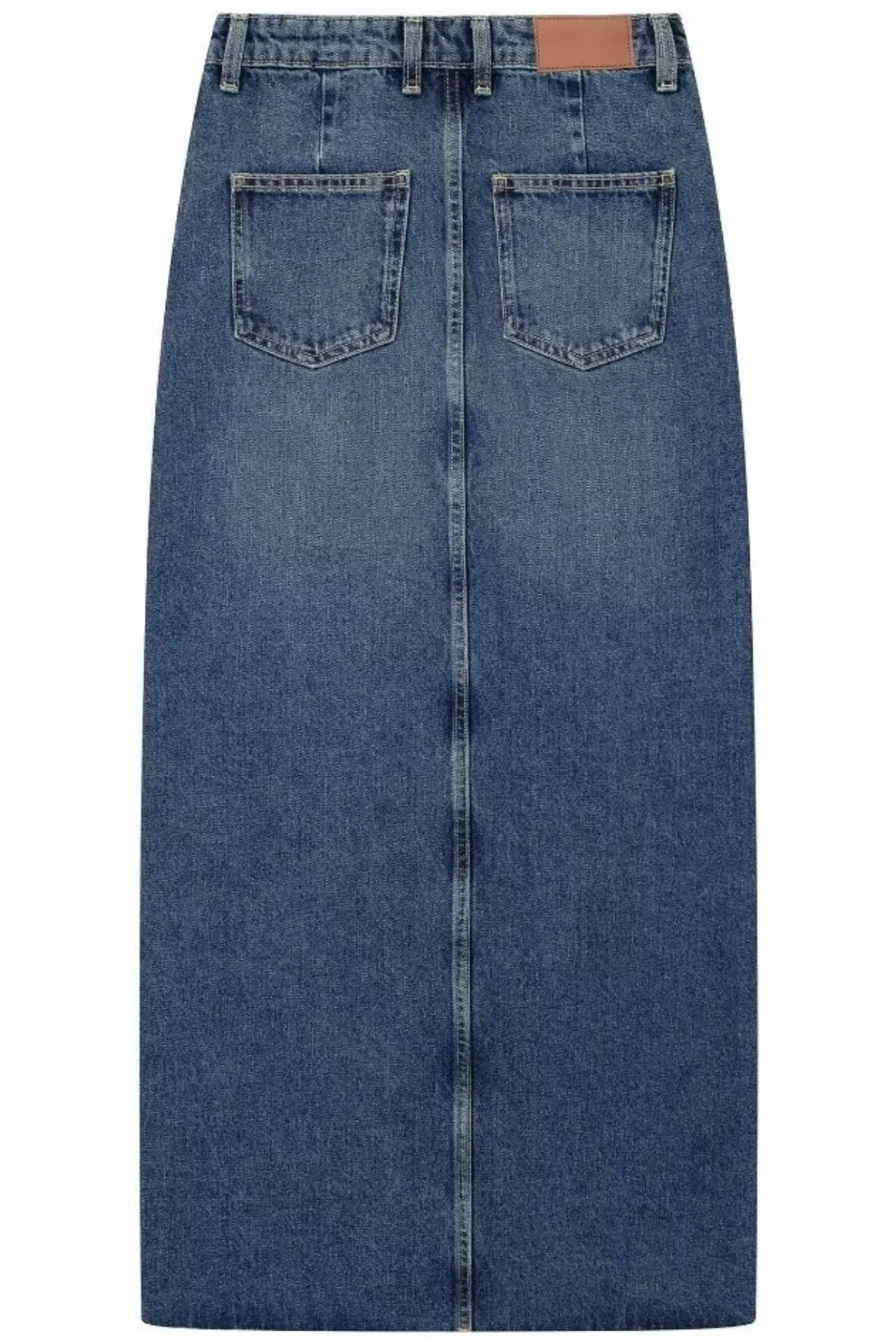 WRENLEY Asymmetrical High Waisted Front Slit Denim Maxi Skirt
