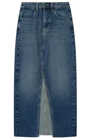 WRENLEY Asymmetrical High Waisted Front Slit Denim Maxi Skirt