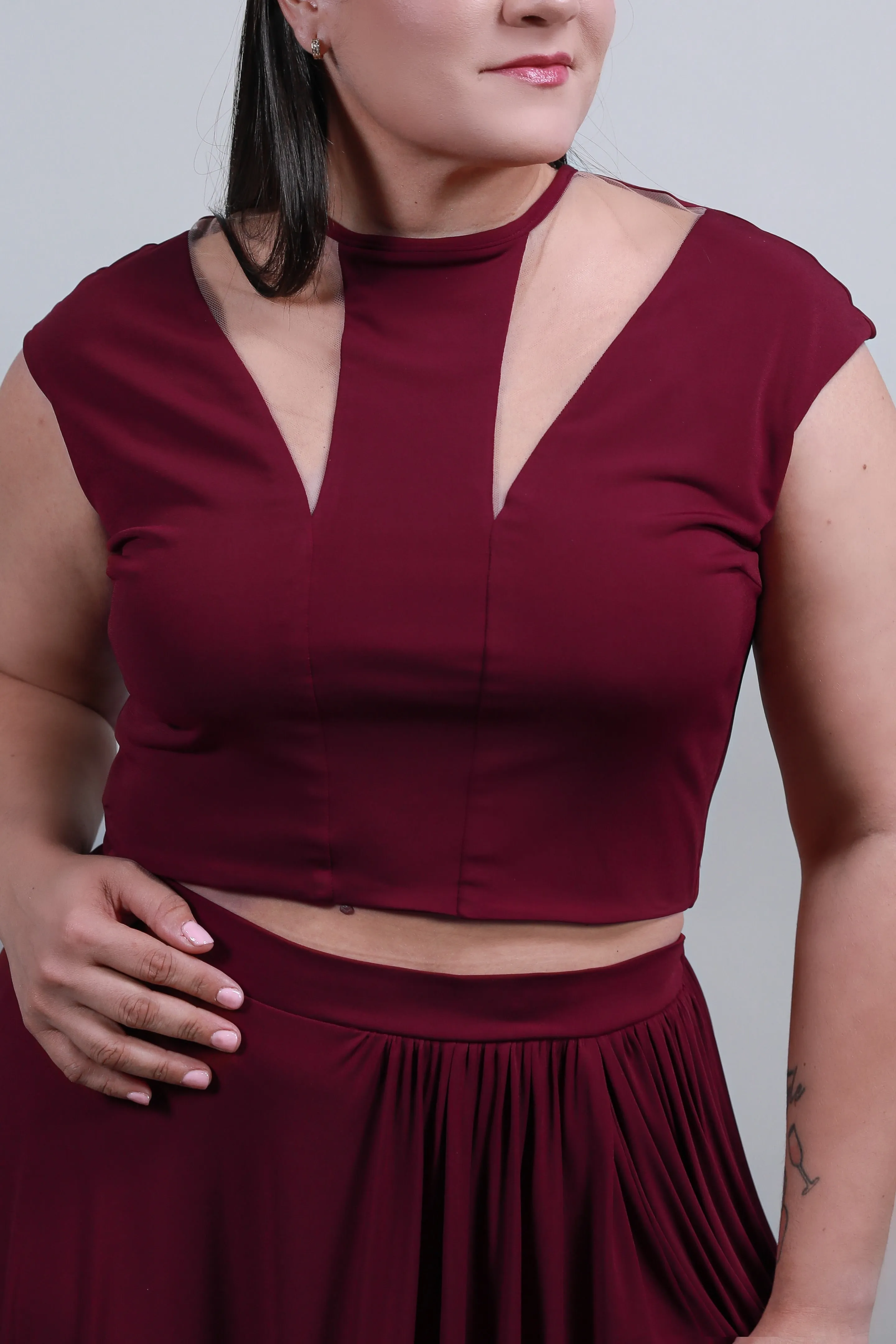 X-LARGE Claret Maxi Skirt & Crop Top Set in Wine