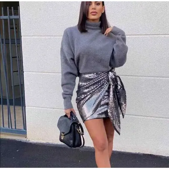 Zara Blogger Favorite Silver Sequin Bow Mini Skirt