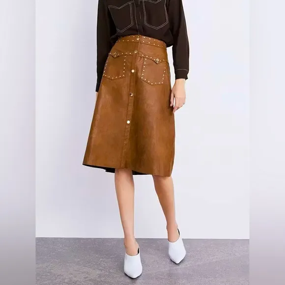 Zara Faux Leather A line Skirt Tan size S