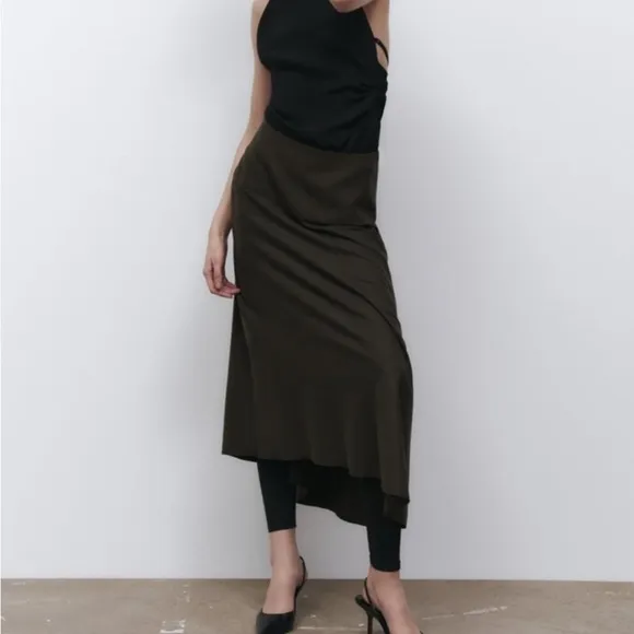 ZARA Limited Edition Midi Skirt Color-Khaki Size-XL NWT