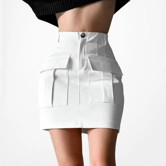 Zara White High Waisted Cargo Style Mini Bodycon Skirt Size XS