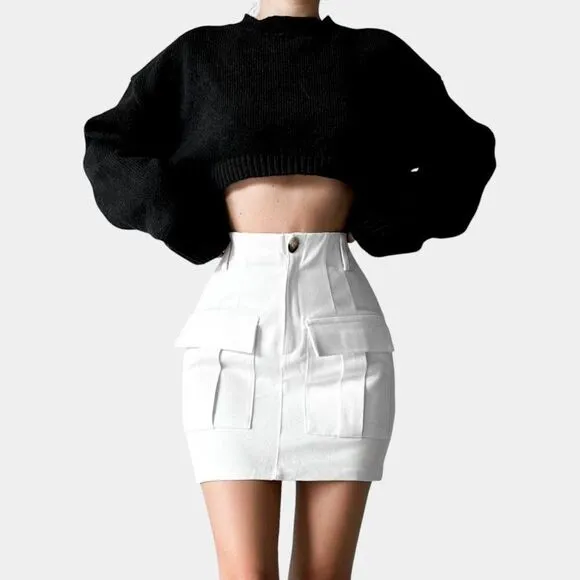 Zara White High Waisted Cargo Style Mini Bodycon Skirt Size XS